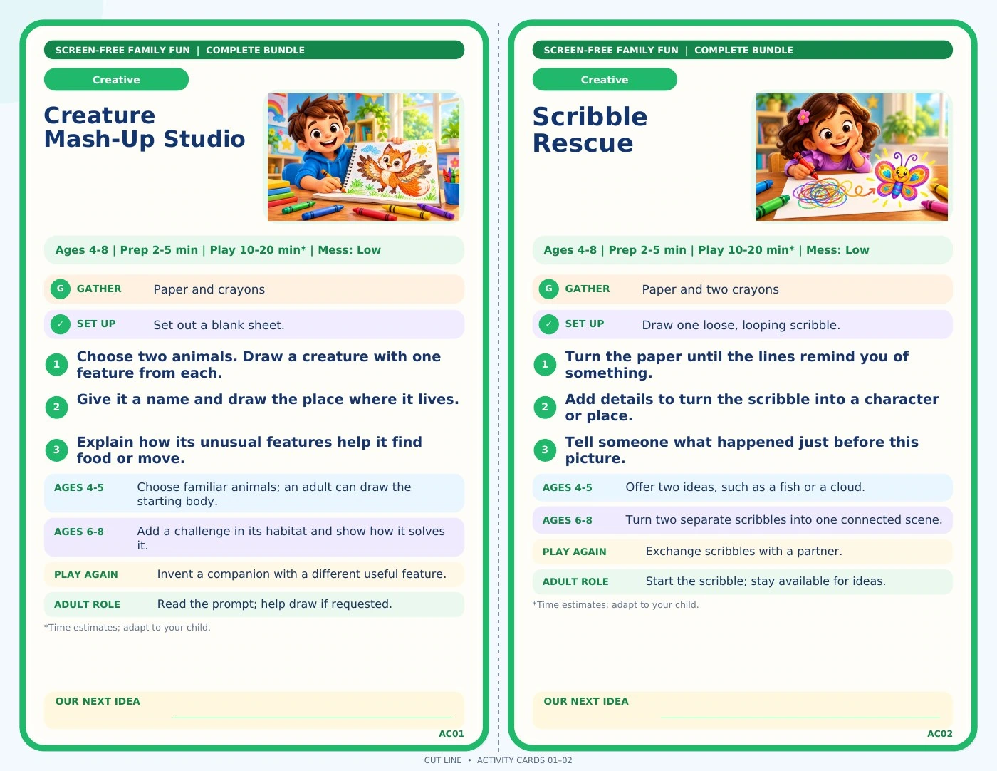 Activity Cards — Creature Mash-Up Studio and Scribble Rescue