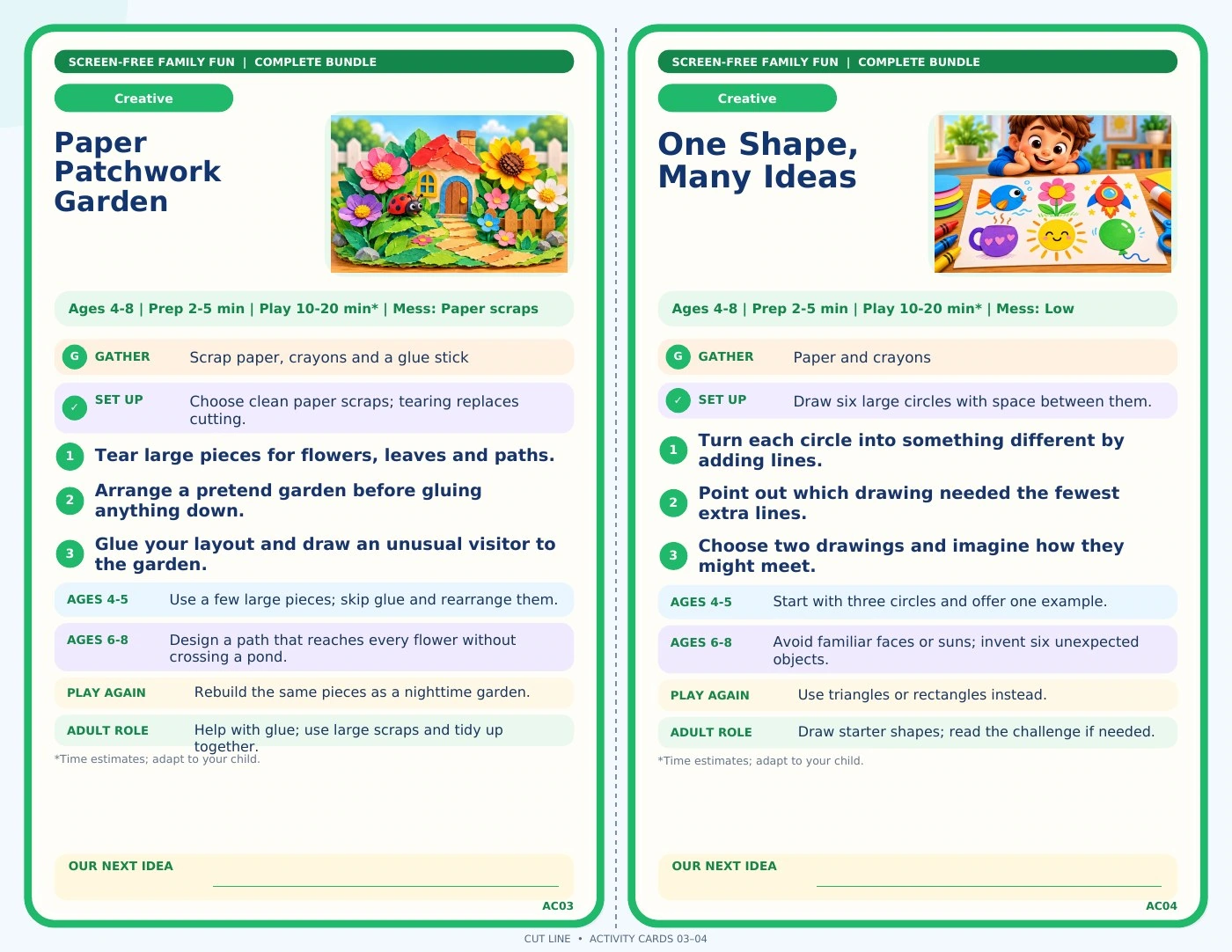 Activity Cards — Paper Patchwork Garden and One Shape, Many Ideas