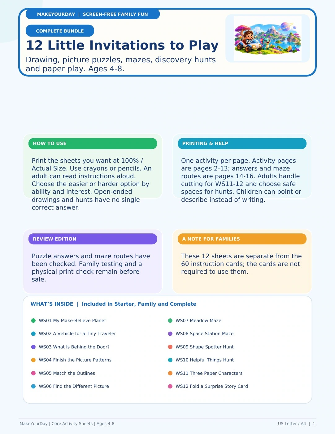 Core Activity Sheets — cover and instructions